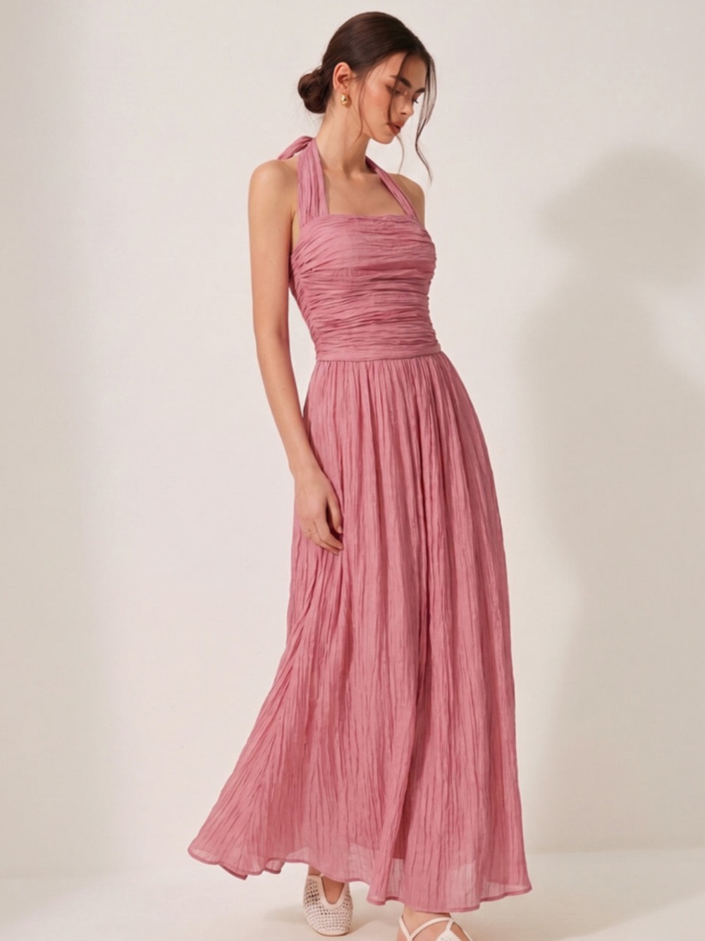 Commense Crinkled Textured Halter Flowy Midi Maxi Dress in Rose Pink Size Medium